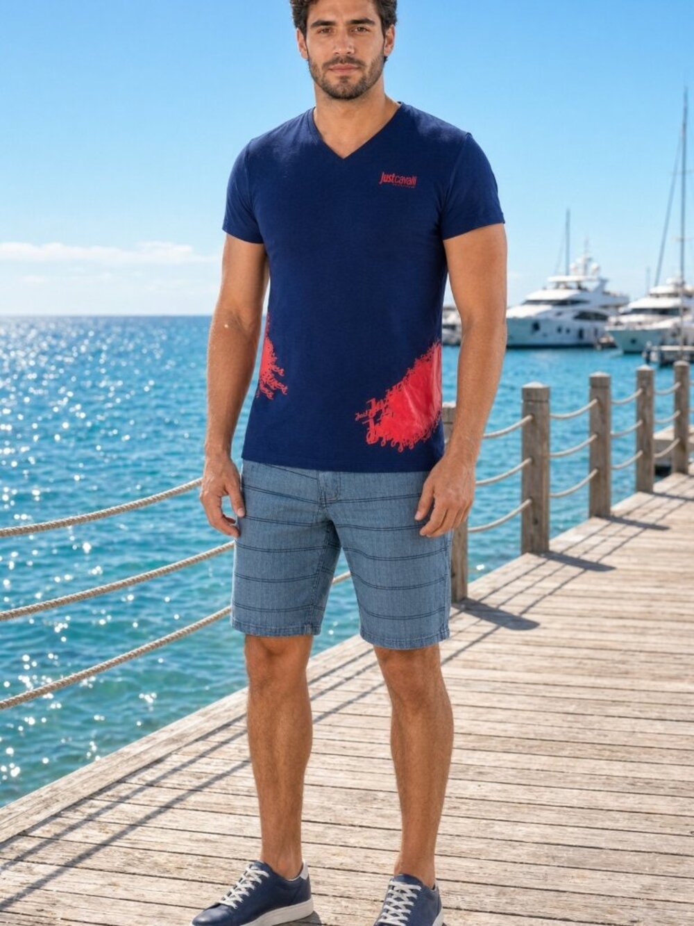 Just Cavalli Men Navy Blue V-Neck Cotton Tee Red Print US S